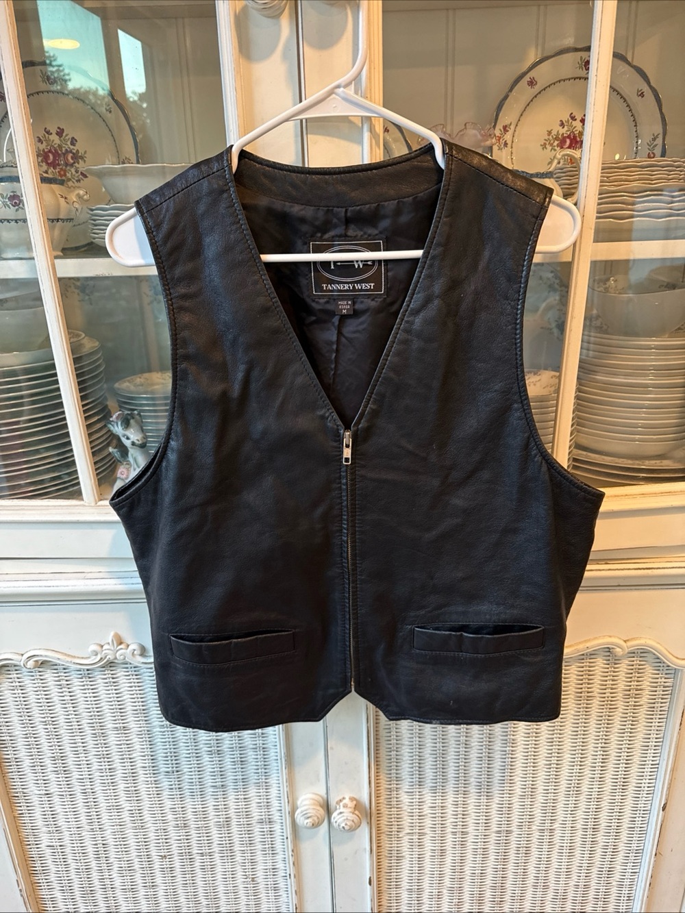 Tannery West Brown Leather Black Zipper Biker Vest Leather Mens Sz M